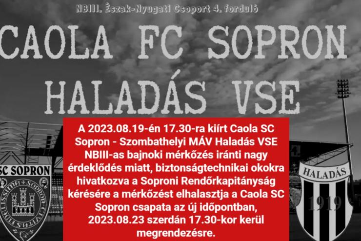 Elmarad a Caola Sopron-Haladás VSE NB/III-as mérkőzés