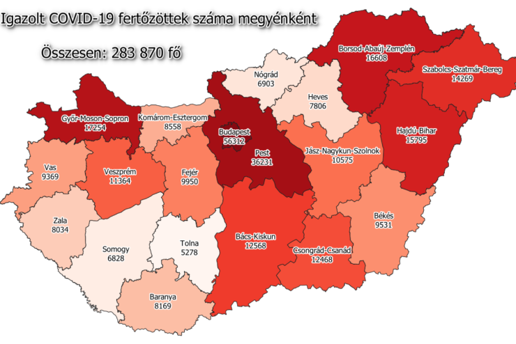 87 fertőzött Vasban, 3470 Magyarországon, 165-en meghaltak